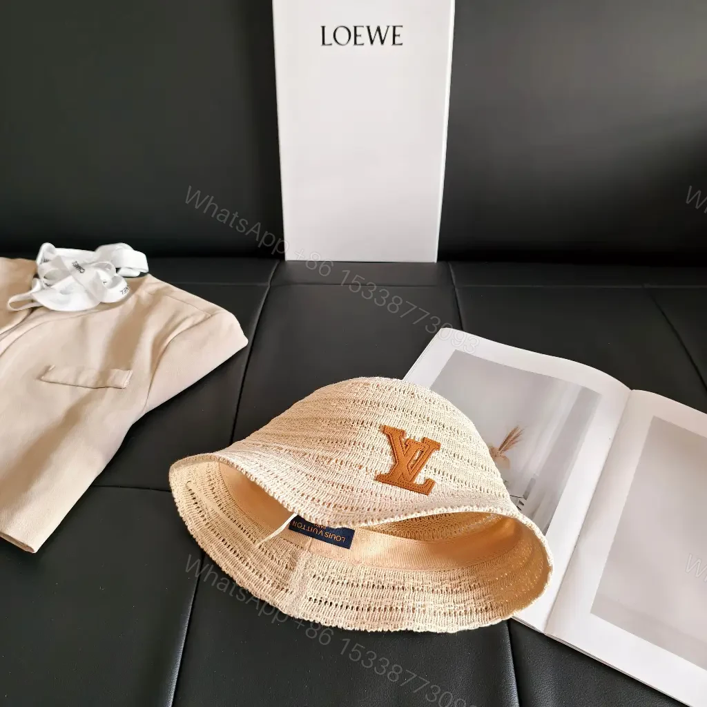 View 4 of Natural Beige Straw Boater Hat with LV Logo Patch