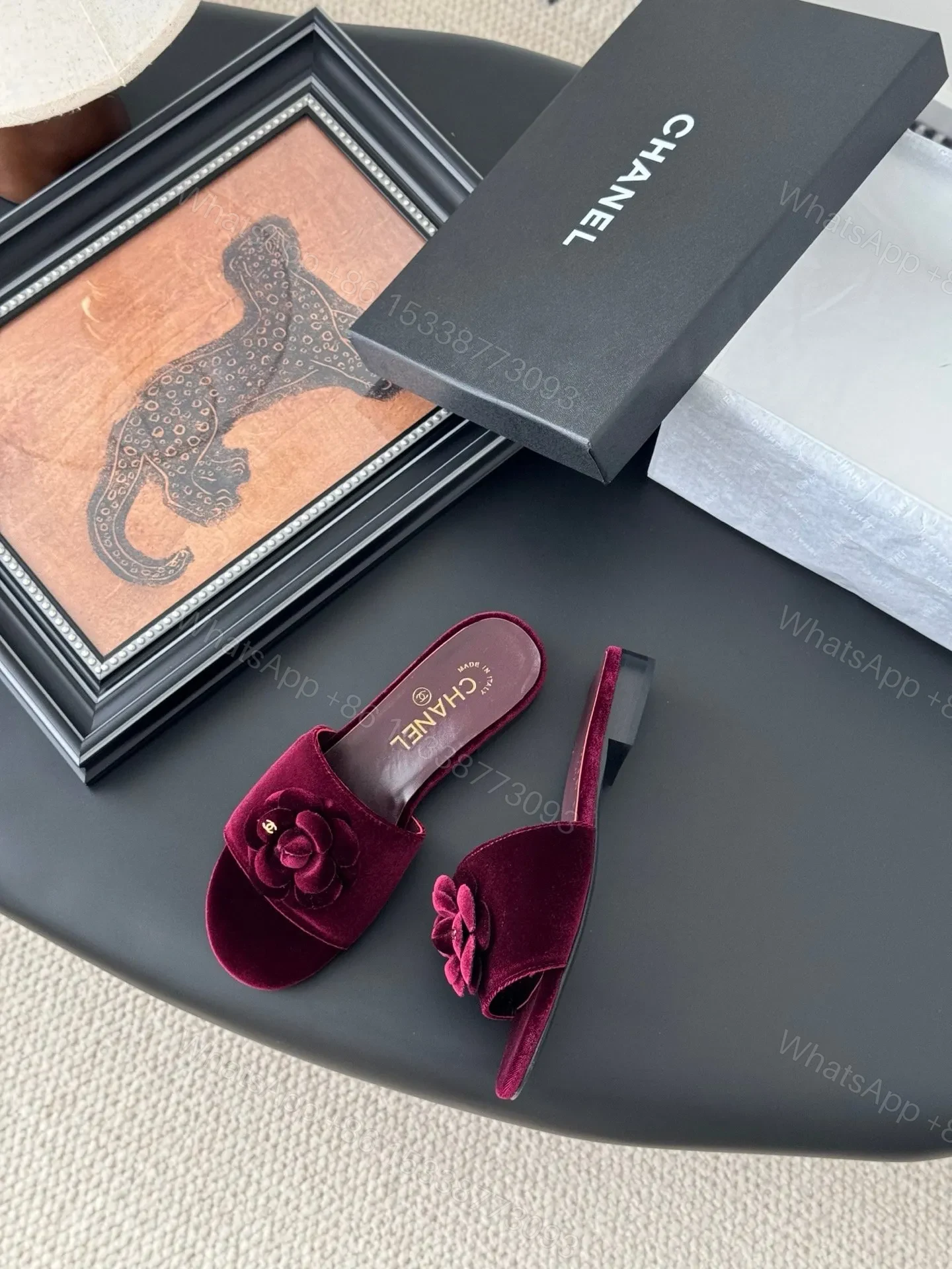 View 3 of Chanel Women Burgundy Velvet Slides
