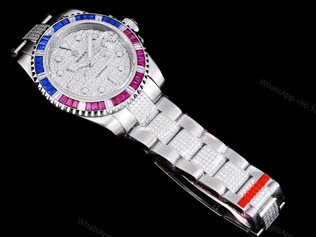 View 4 of Rolex Submariner Rainbow Diamond Replica 42MM Premium Meteorite Dial Pavé Oyster Bracelet RG-ROLEX-SUB-RAINBOW-DIAMOND-42