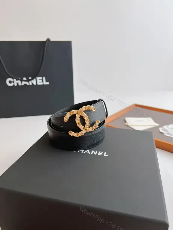 Chanel-Style Leather Belt with Gold Logo Clasp — view 1