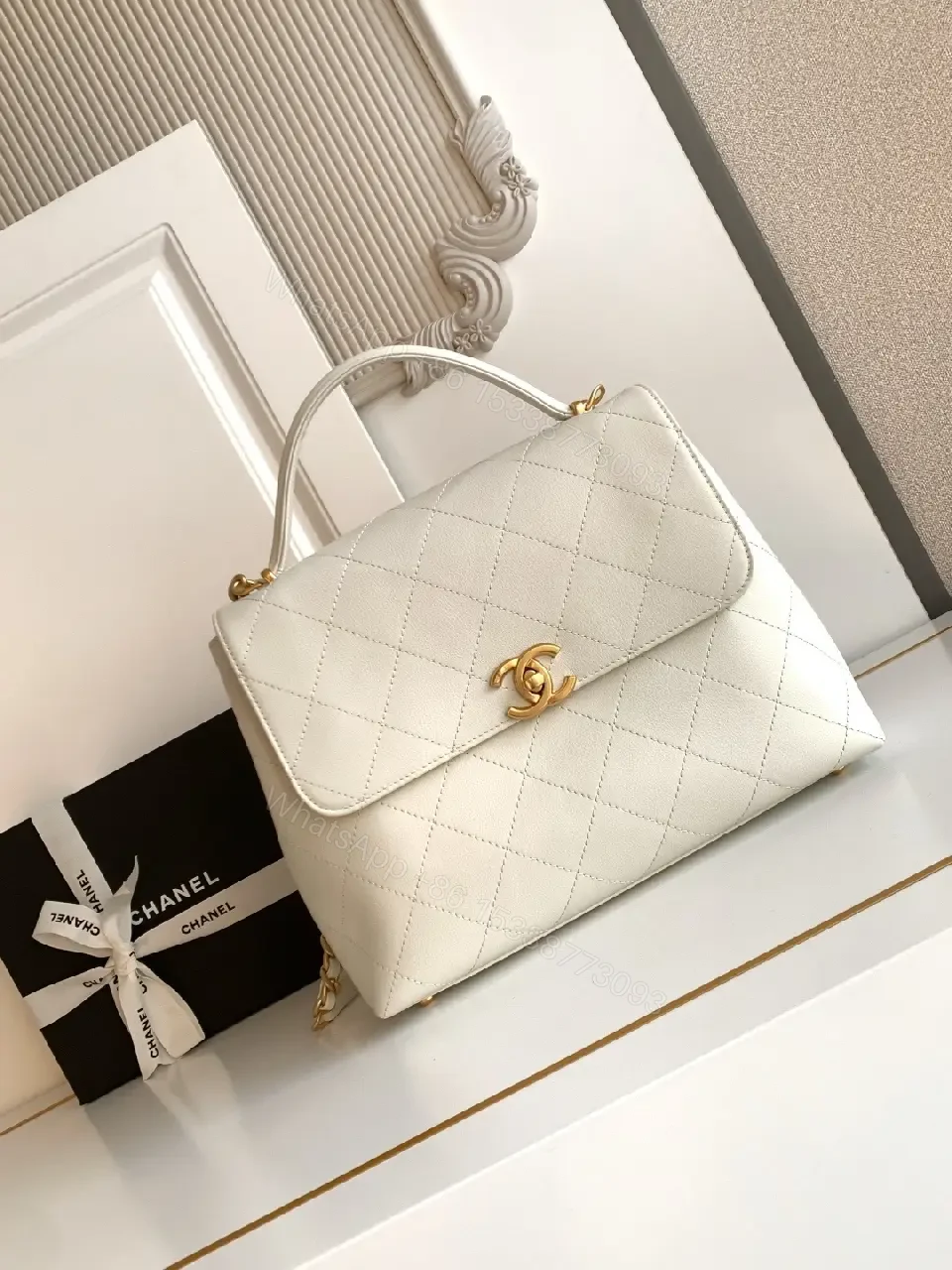 View 10 of White Quilted Leather Bag with Gold Chain Accent, Convertible Shoulder/Crossbody