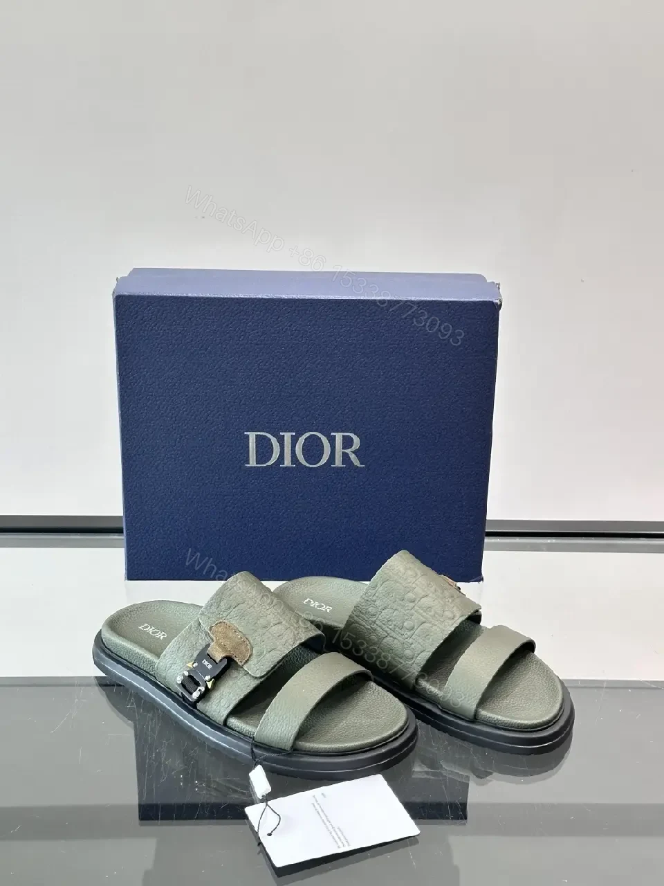 View 10 of Olive Green Embossed Leather Sliders Sandals