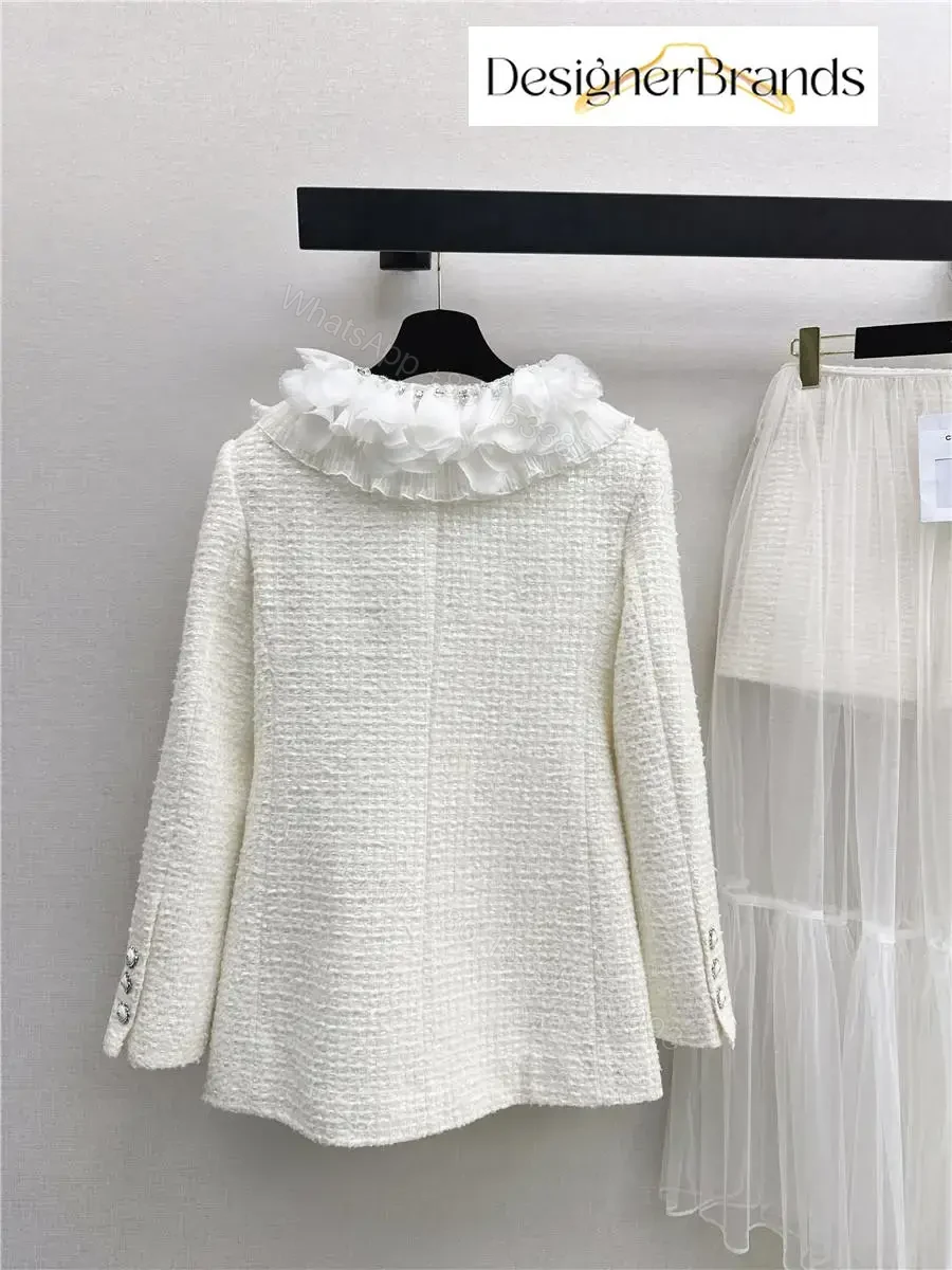 View 9 of Ivory Tweed Blazer with Ruffle Collar – Luxe, Structured Style