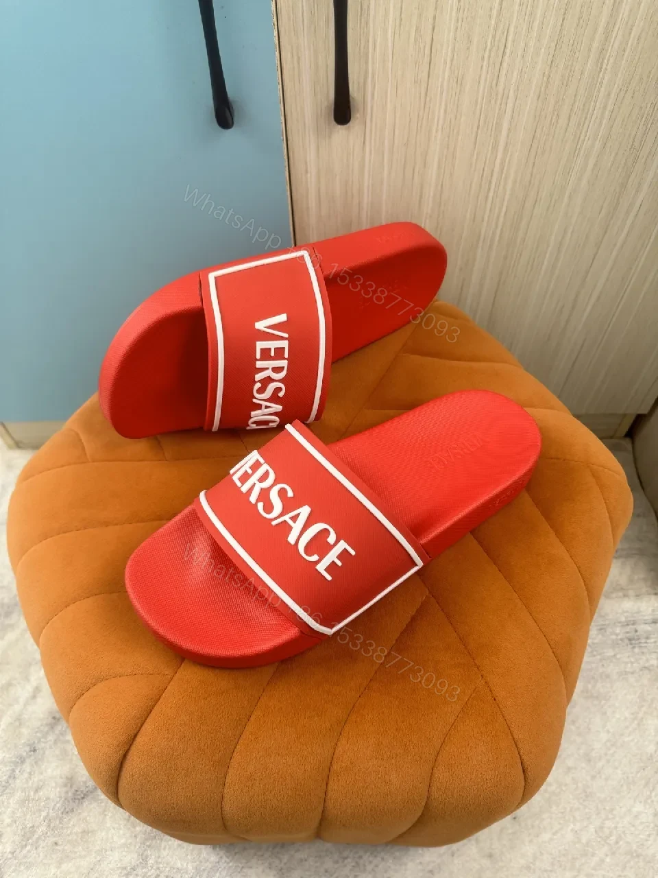 View 2 of Bold Red Luxury Slide with Signature Versaace Stride