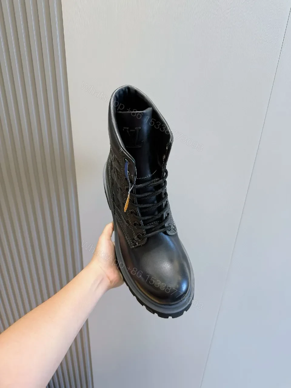 View 8 of Bold Textured Leather Combat Boots with Luxe Detailing