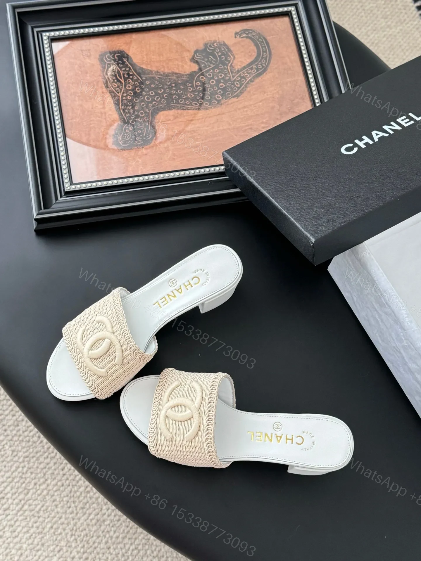 View 6 of Chanel Women Beige Woven Fabric Slides