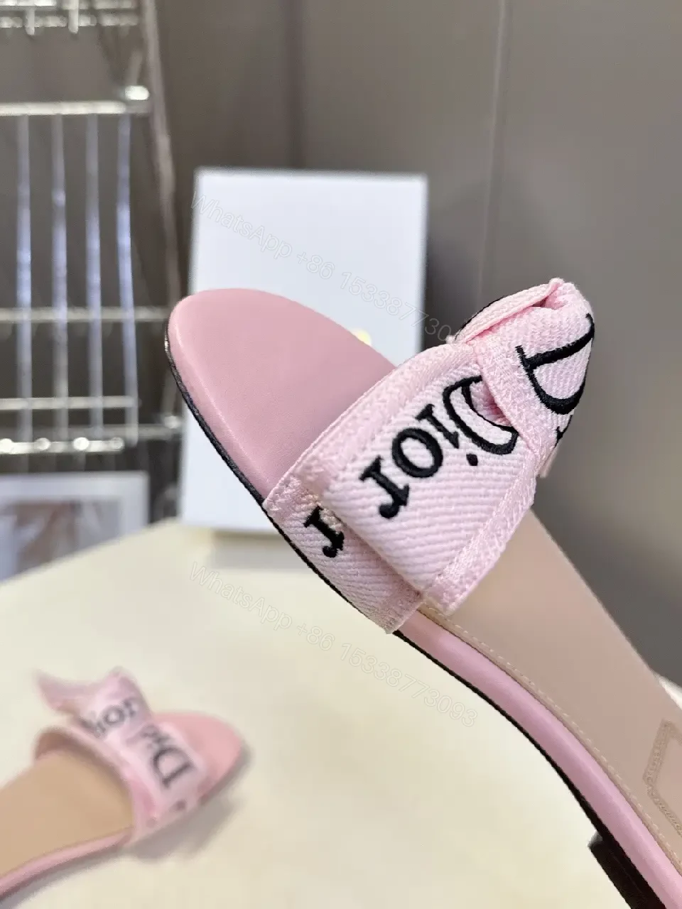 View 5 of Pink Satin Dior-Logo Bow Slip-Ons
