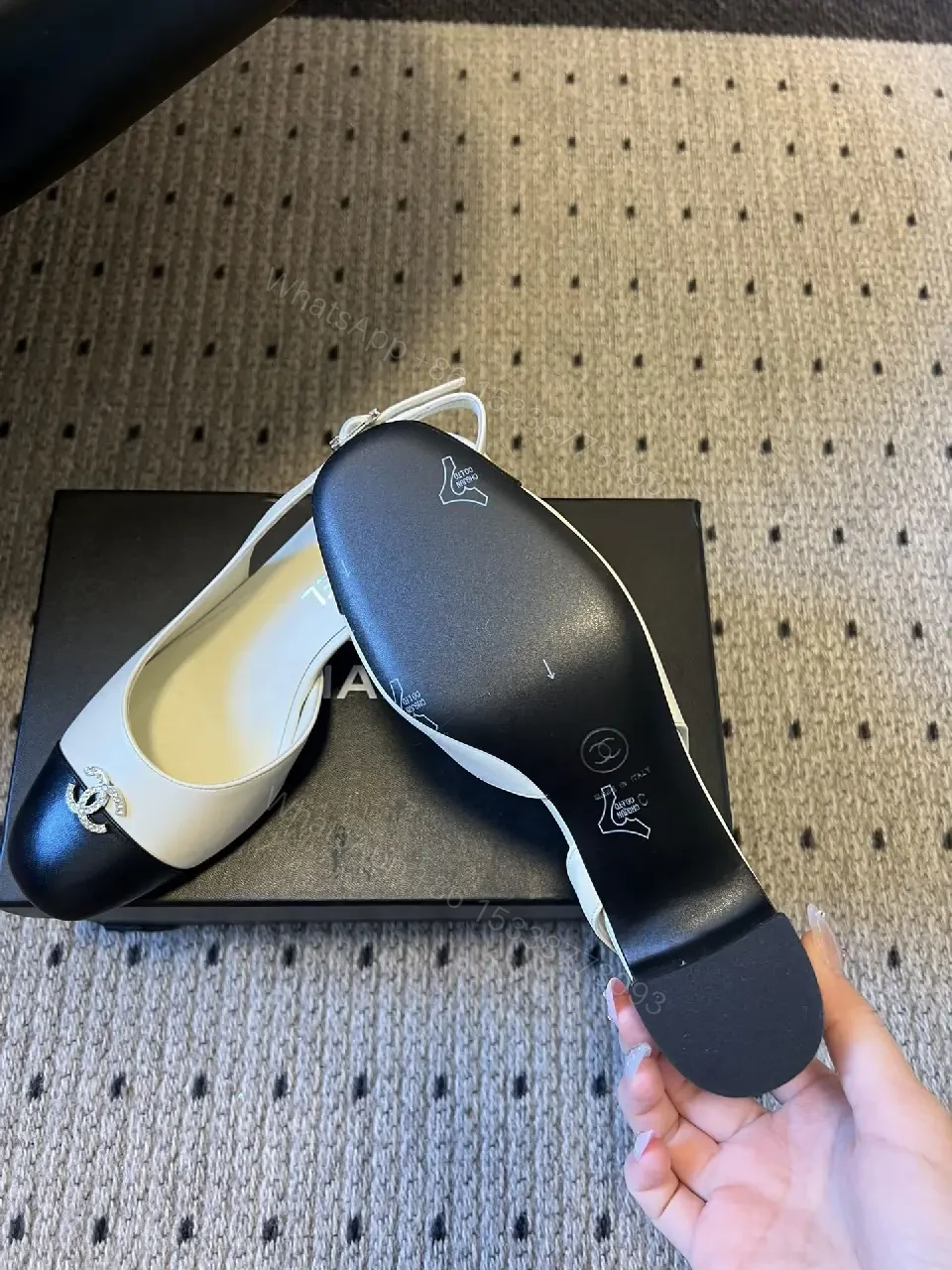 View 9 of Two-Tone Leather Slingback Pumps with Logo Hardware