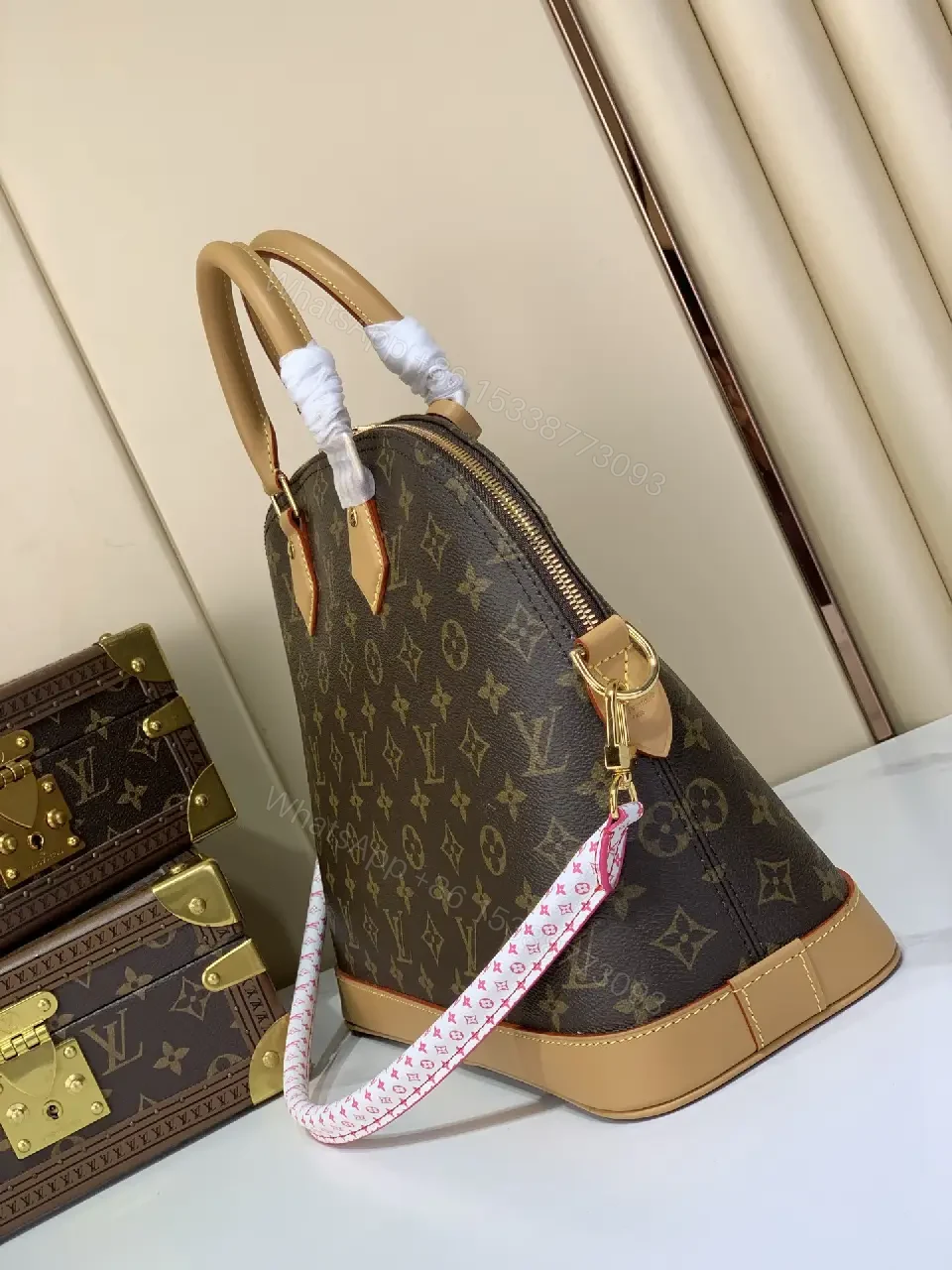 View 3 of Brown Canvas Tote with Tan Leather Trim, LV Monogram Style Handbag
