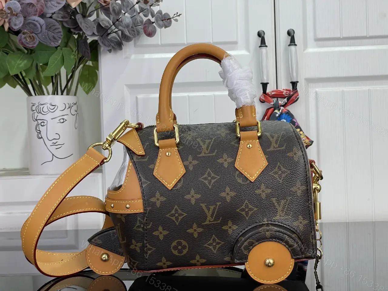 View 3 of Dark Brown LV Monogram Rolling Handbag with Tan Leather Trims