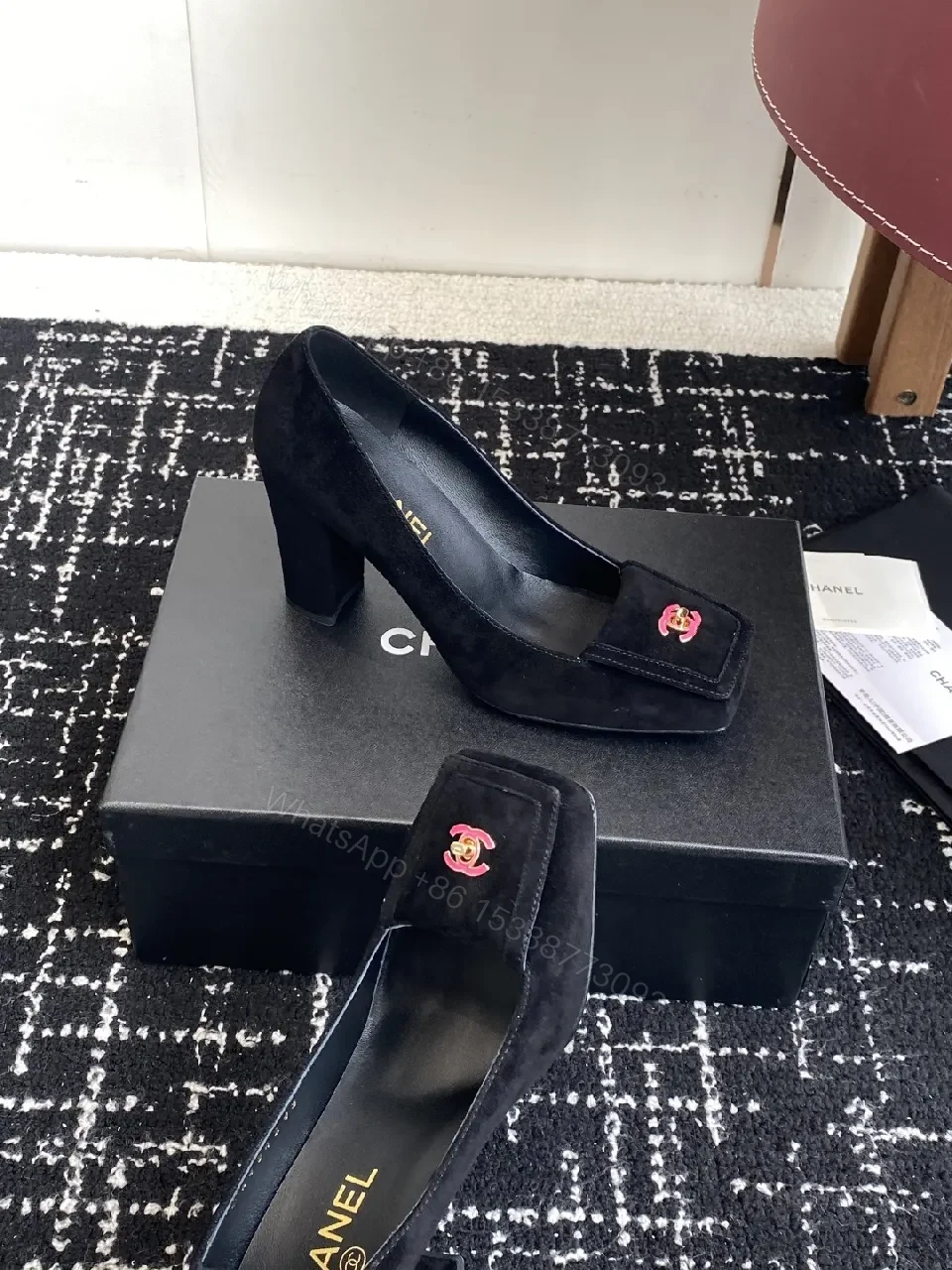 View 7 of Elegant Black Suede Pumps with Logo Detail Leather Heel