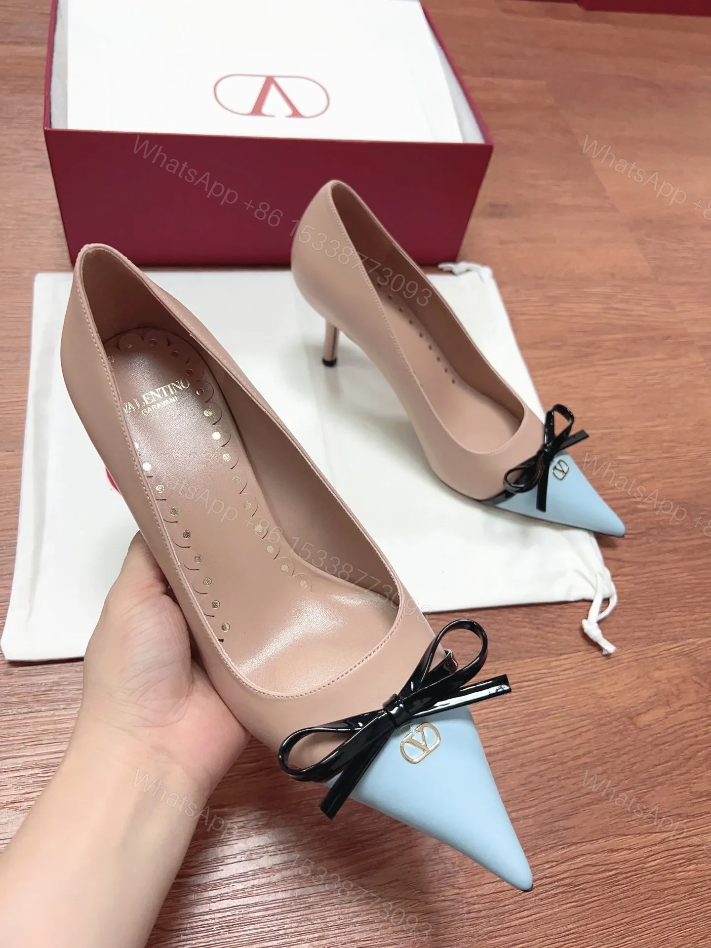 View 2 of Valentino Women Beige Leather Blue Bow Detail Pumps
