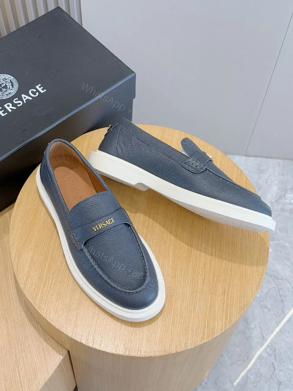 View 2 of Navy Leather Loafers with Luxe Twist, Slip-On, Cushioned Sole