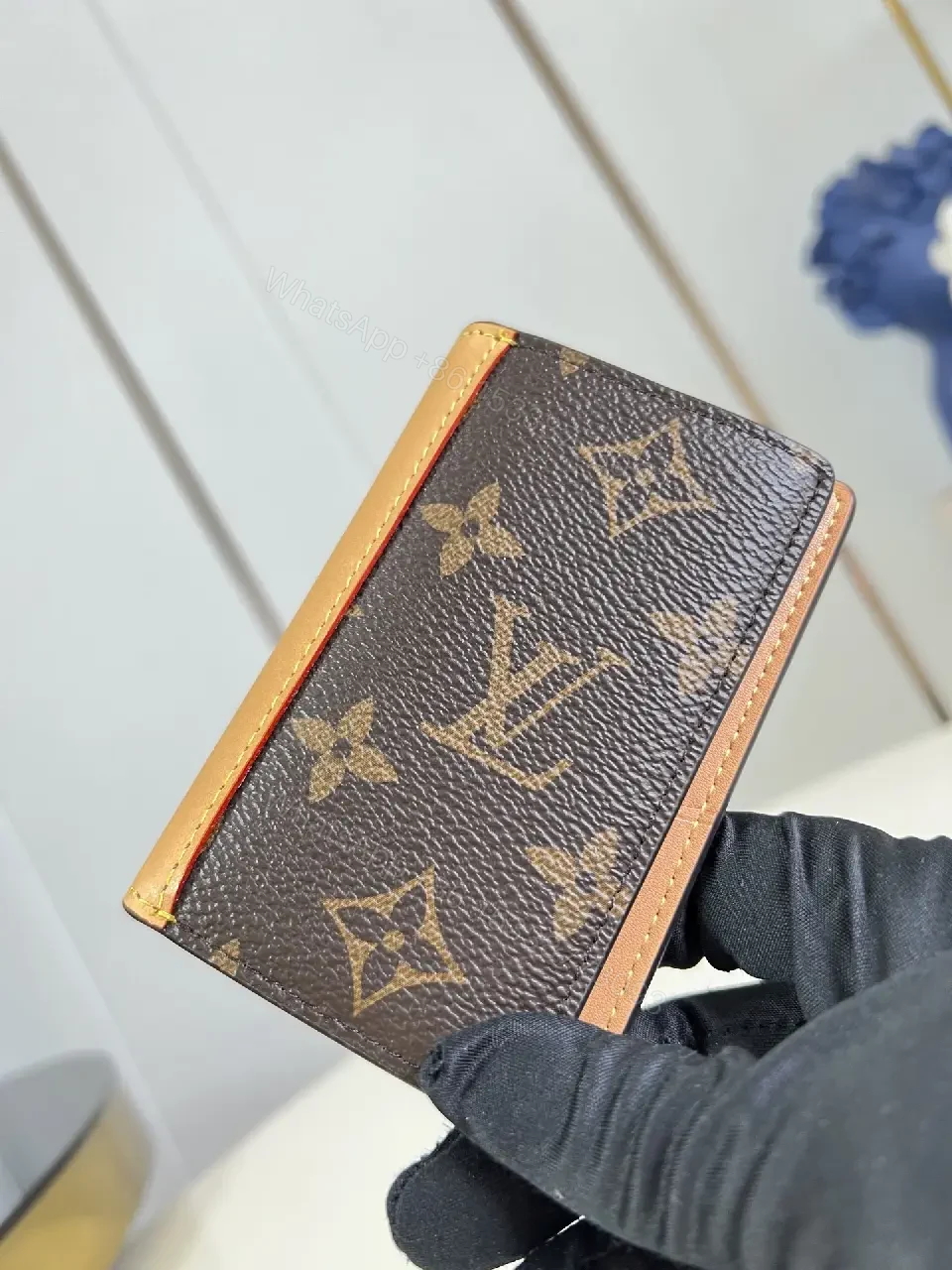 View 7 of Brown Canvas LV Monogram Wallet with Orange Trim Cardholder, Clasp Closure