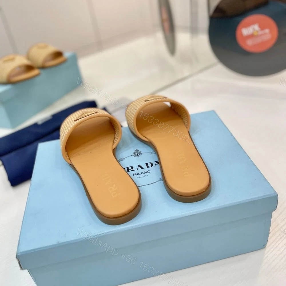 View 8 of Prada Leather Slides With Crochet Details Natural