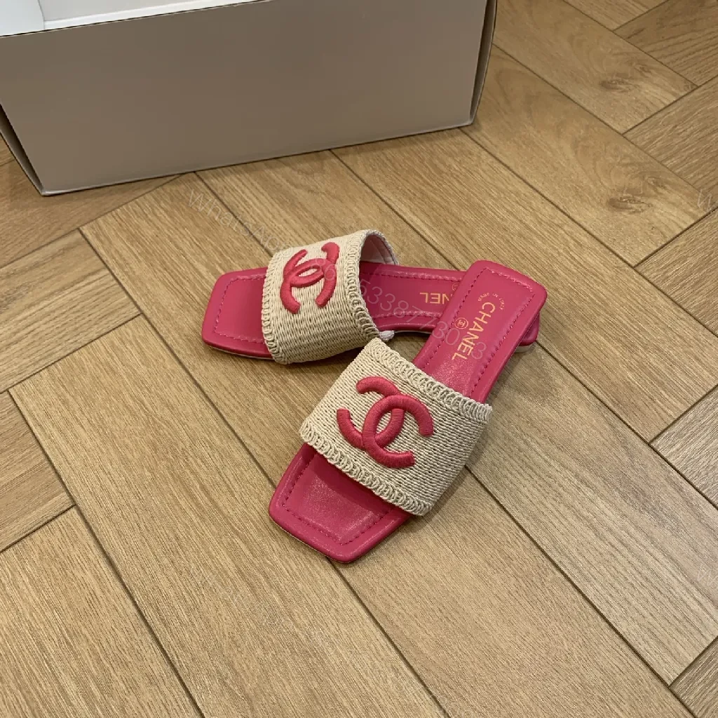 View 6 of Patterned Texture Slip-Ons: Bold Pink Footbed, Woven Strap Slides