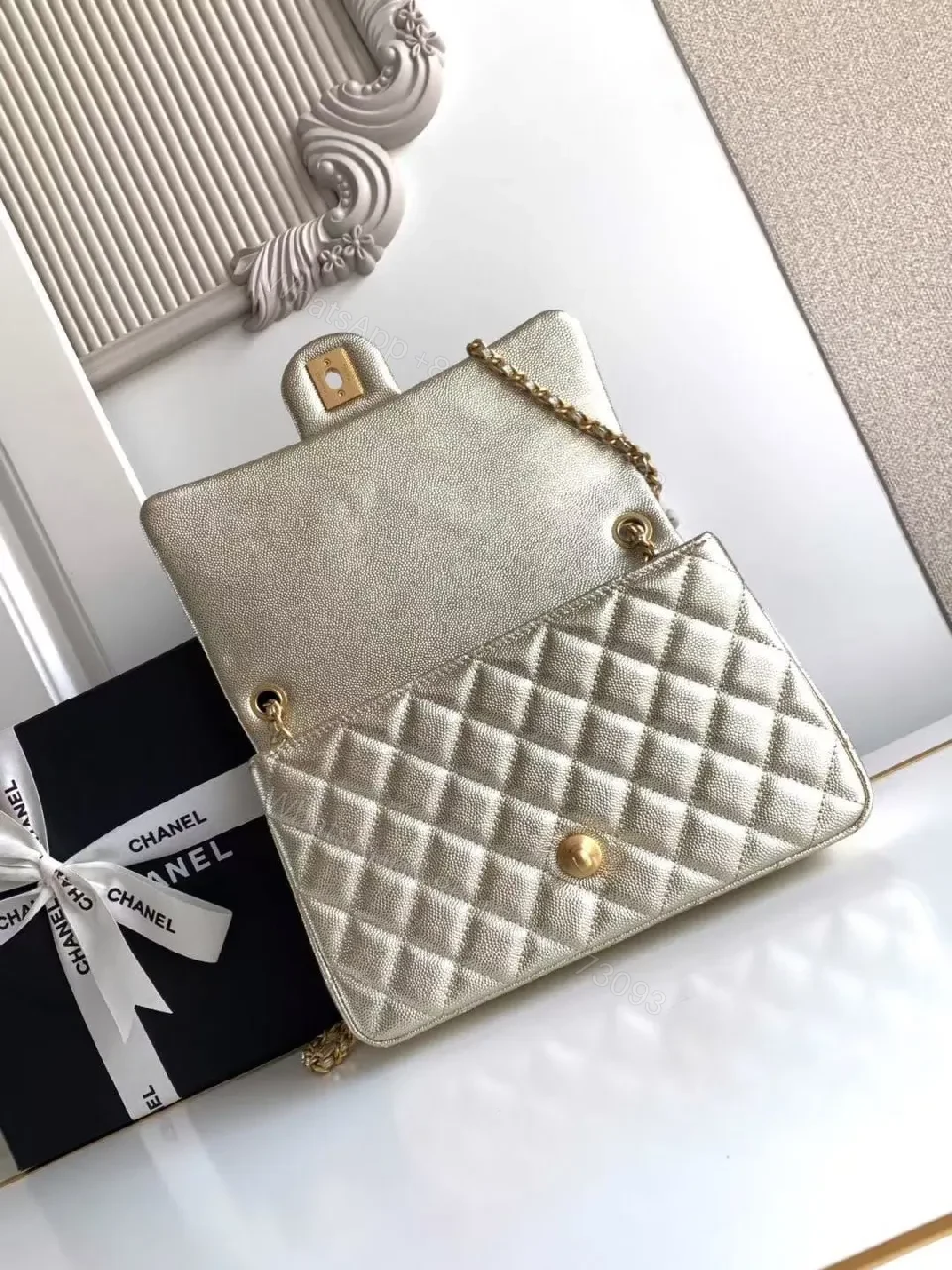 View 4 of Quilted Lambskin Flap Bag with Gold Chain—Elegant Chic