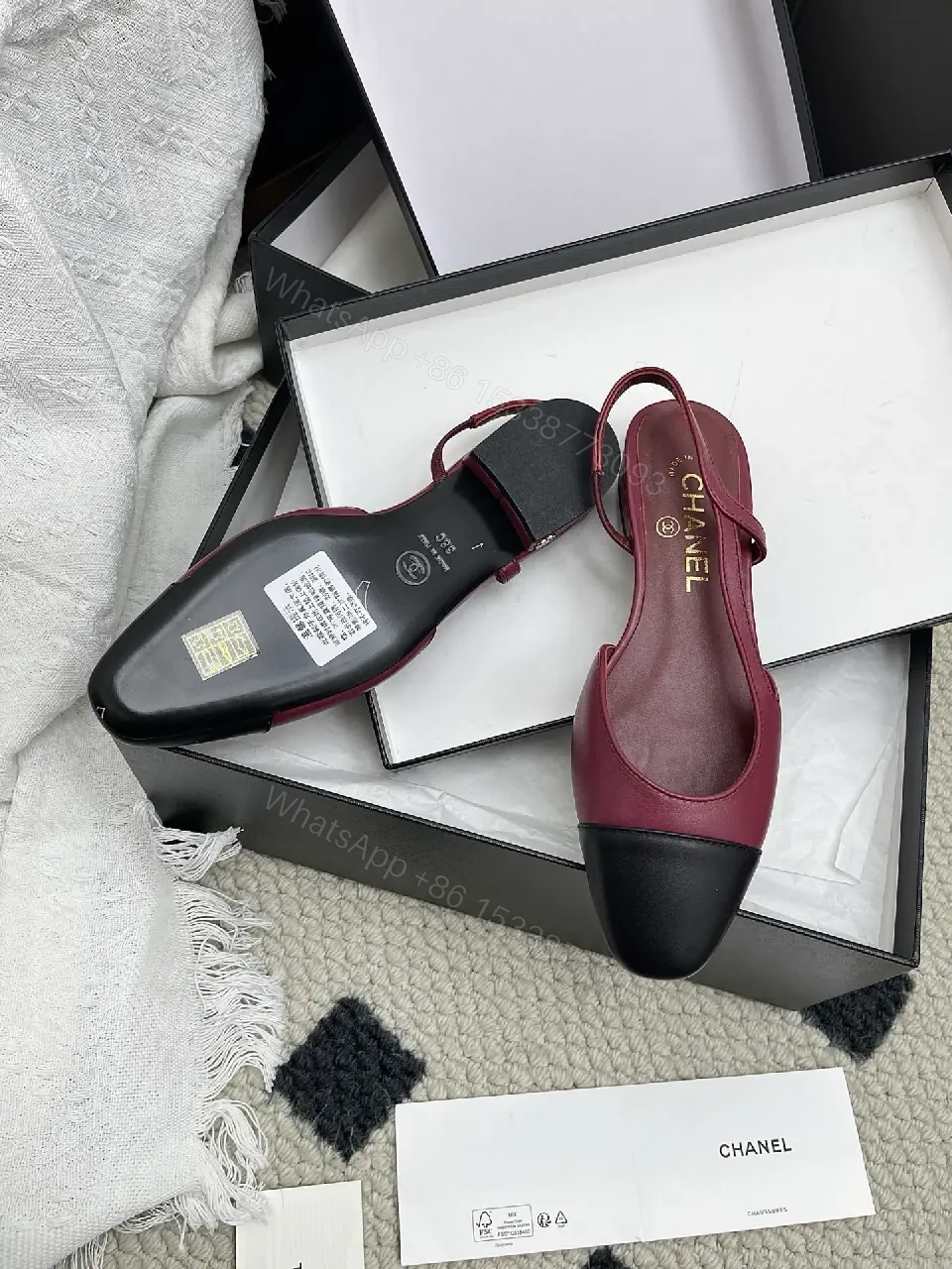 View 6 of Burgundy Satin + Black Leather Ballet Flat, Two-Tone, Comfort