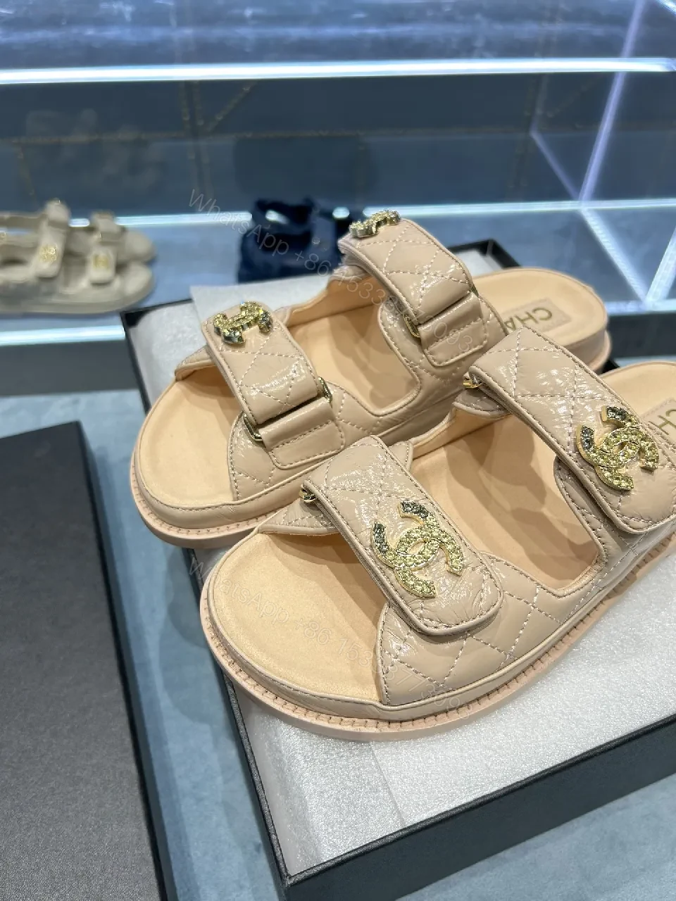 View 9 of Gold-Trim Quilted Sandals: Two-Strap Couture Vibe footwear