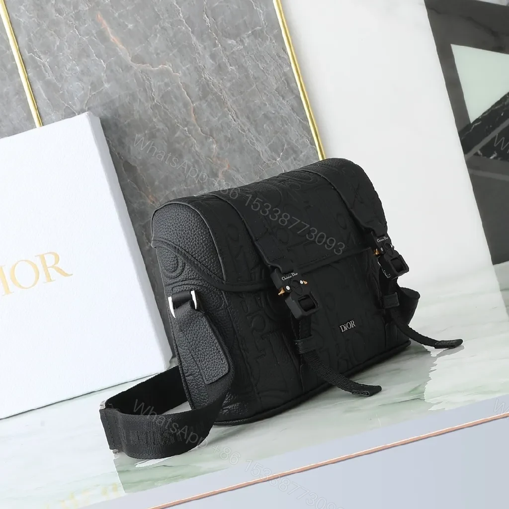 View 7 of Black Embossed Leather Messenger Bag with Luxe Hardware