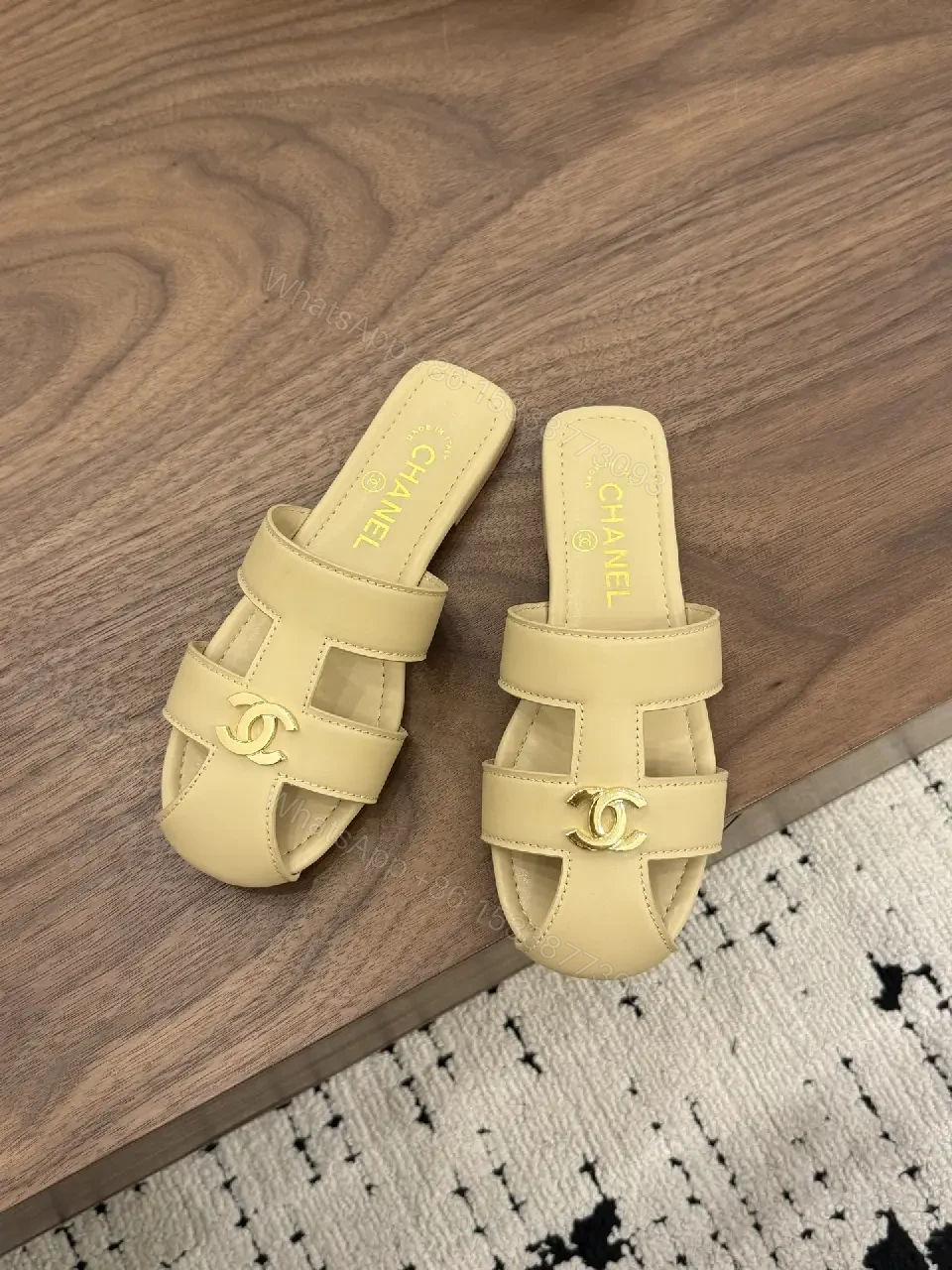 View 10 of Beige Leather Slide Sandals with Chanel Logo, Flat Heel