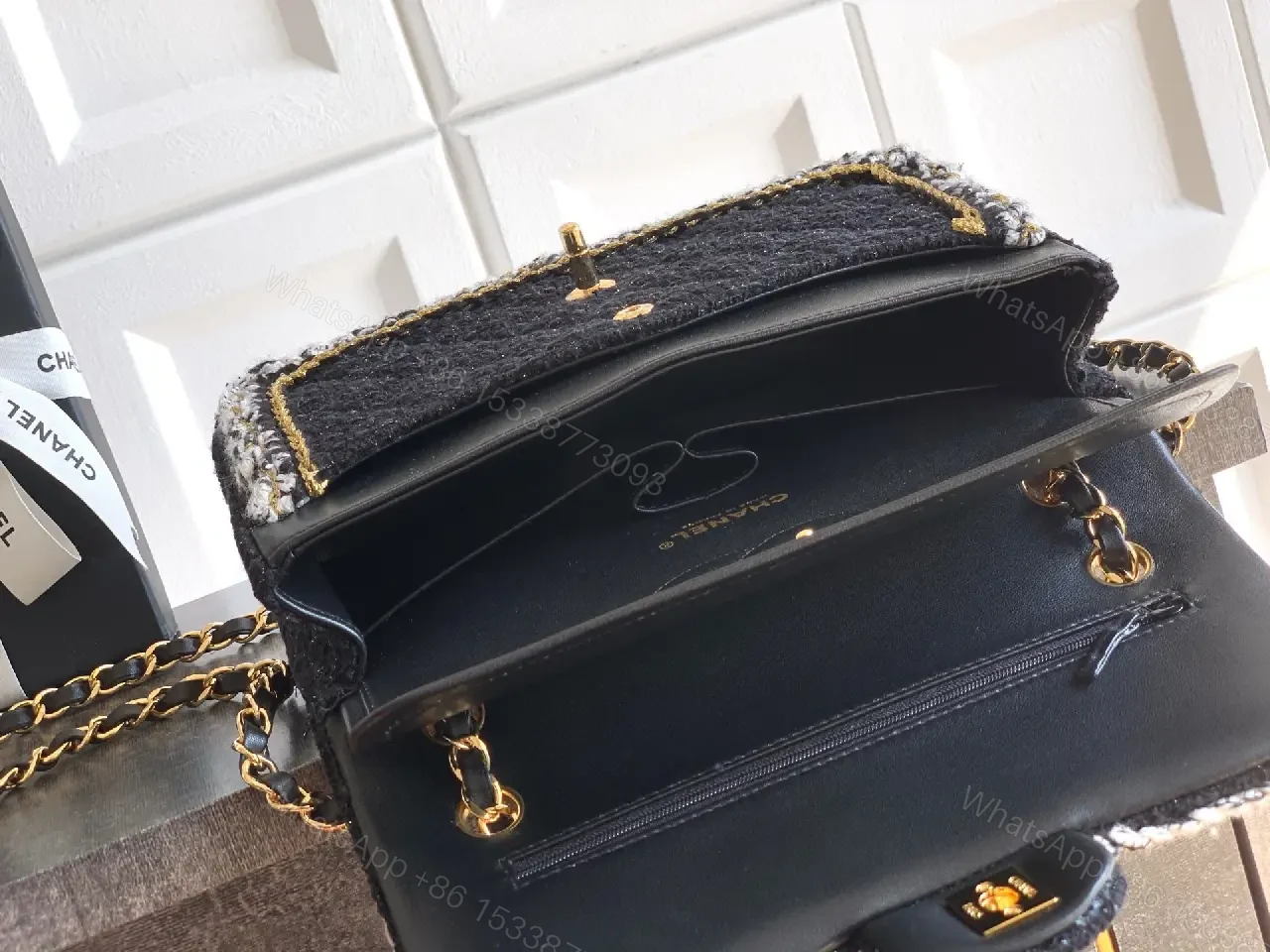 View 4 of Black Bouclé Mini Flap Bag with Chain Accents, Day-to-Evening