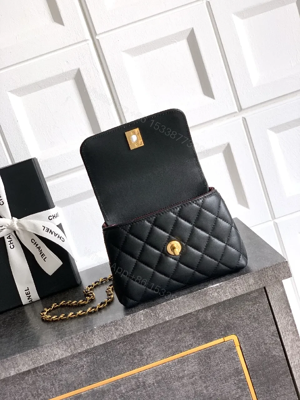 View 5 of Chic Quilted Black Leather Bag with Gold Chain