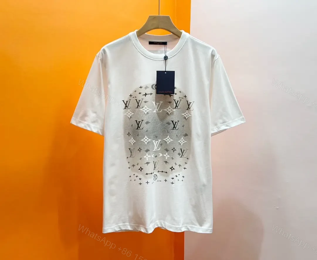 View 3 of White Cotton T-Shirt Circular LV Logo Graphic Diamonds Stars, Modern Style, Crew Neck, Short Sleeve, Black Neck Tag