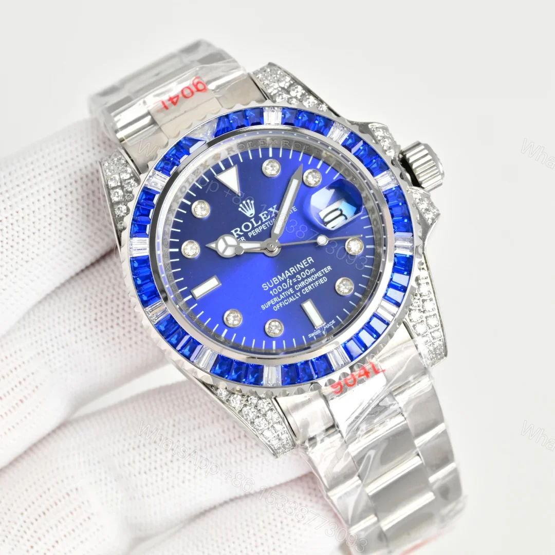 View 2 of Rolex Submariner Blue Diamond Replica 40MM Premium Pavé Steel Bracelet RG-ROLEX-SUB-BLUE-DIAMOND-40