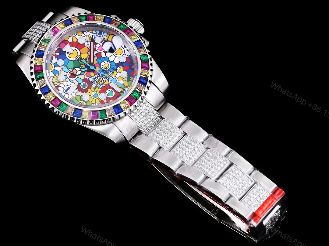View 4 of Rolex Submariner Colorful Rainbow Replica 42MM Premium Pavé Oyster Bracelet RG-ROLEX-SUB-COLORFUL-RAINBOW-42