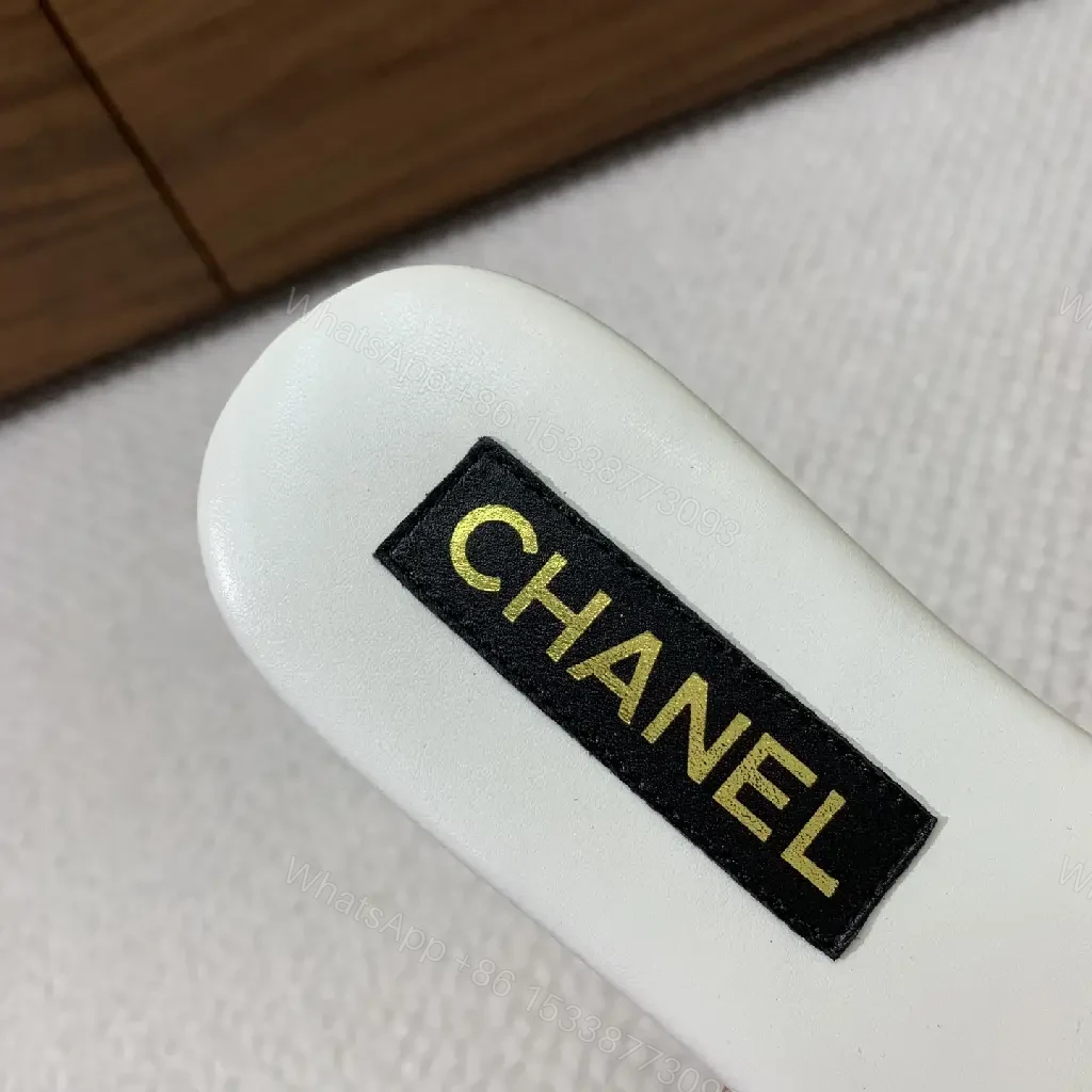 View 10 of White Leather Chanel-Logo Slide Sandals