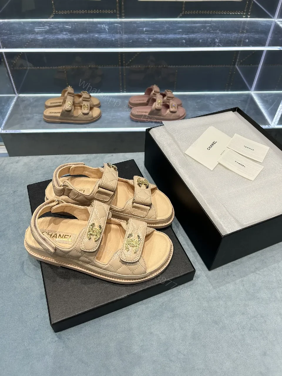View 3 of Beige Faux Leather Sandals • Quilted Straps • Everyday Luxury