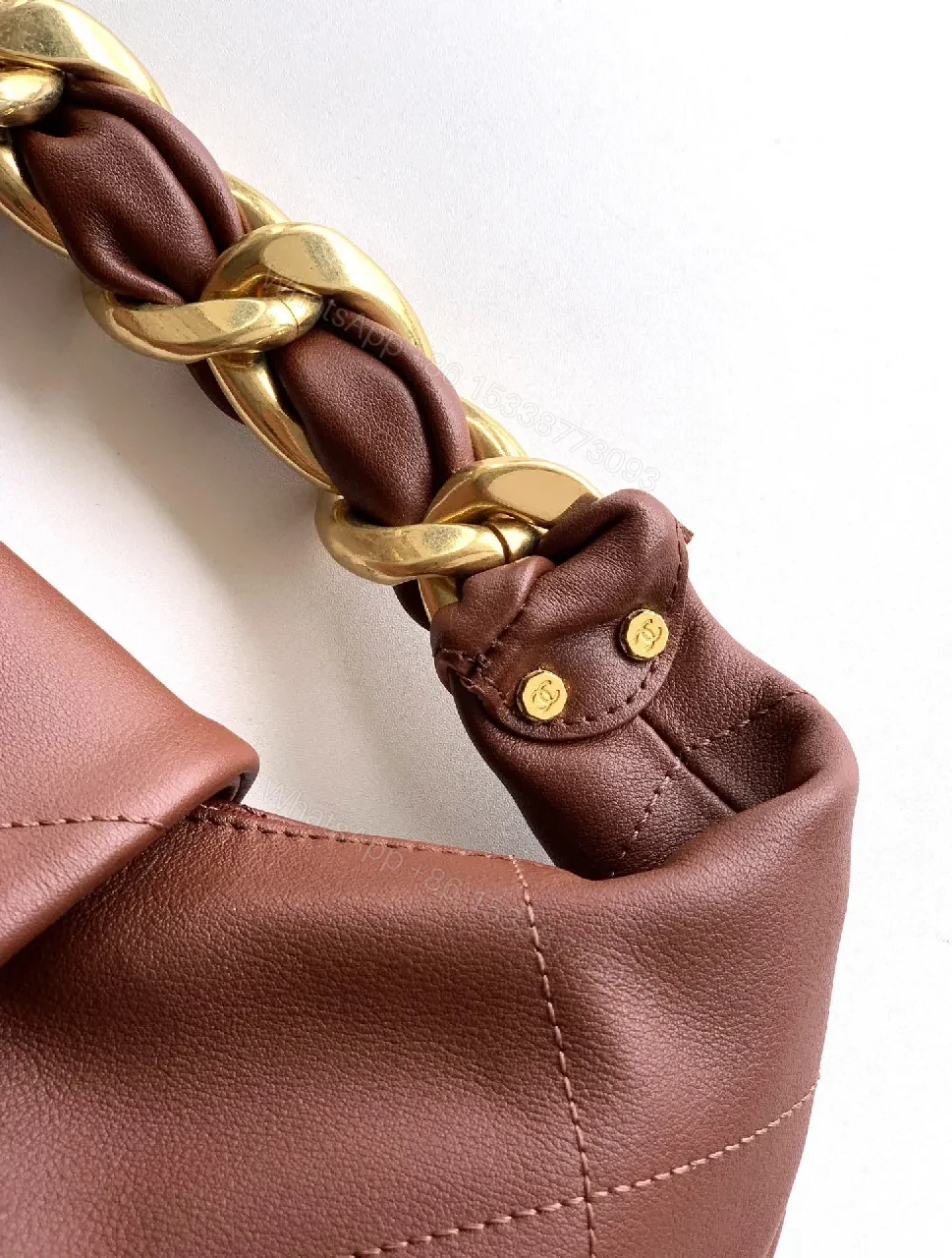 View 9 of Brown Quilted Leather Chain-Shoulder Bag with Gold Logo