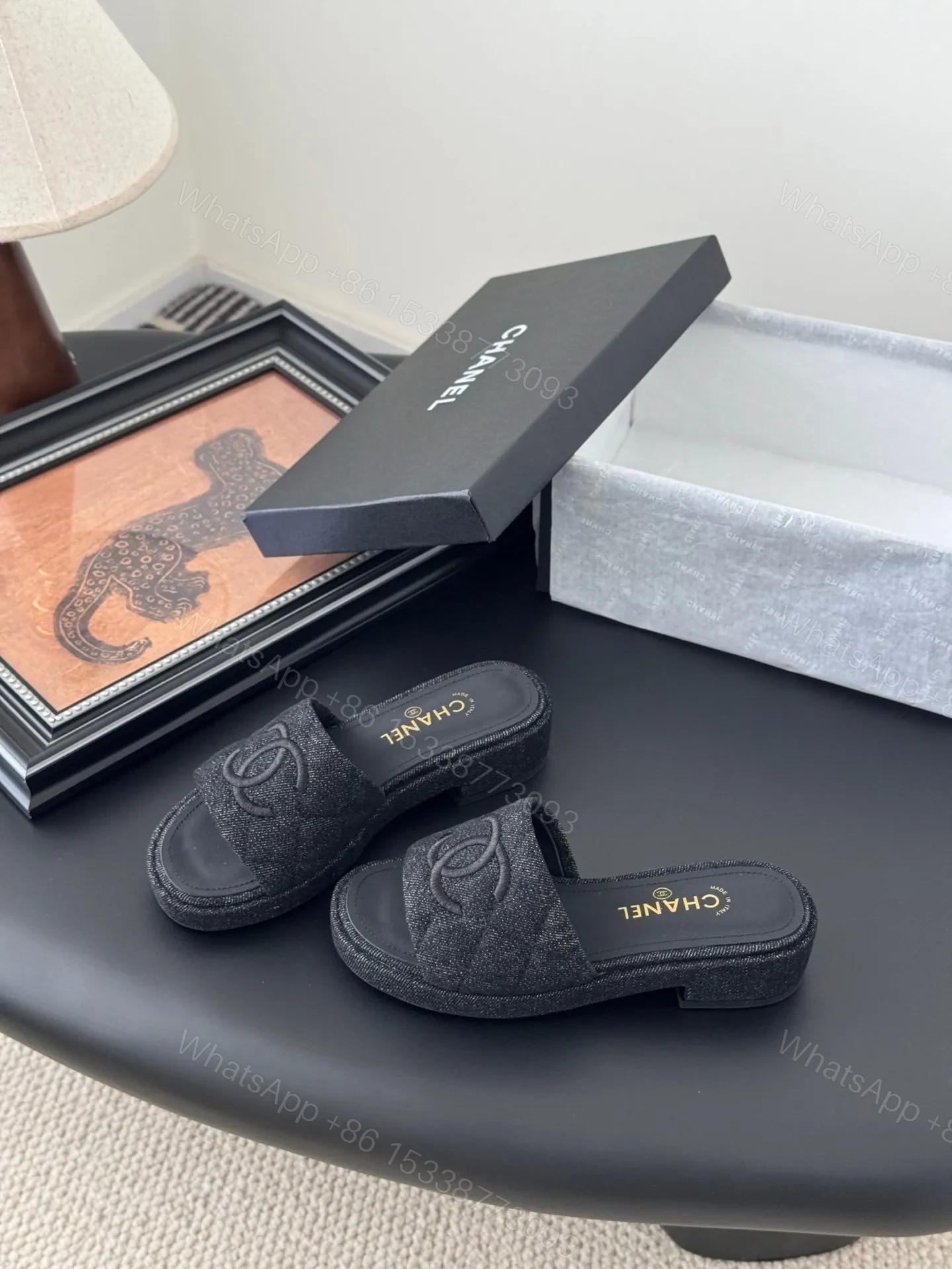 View 2 of Chanel Women Black Fabric Slide Sandals