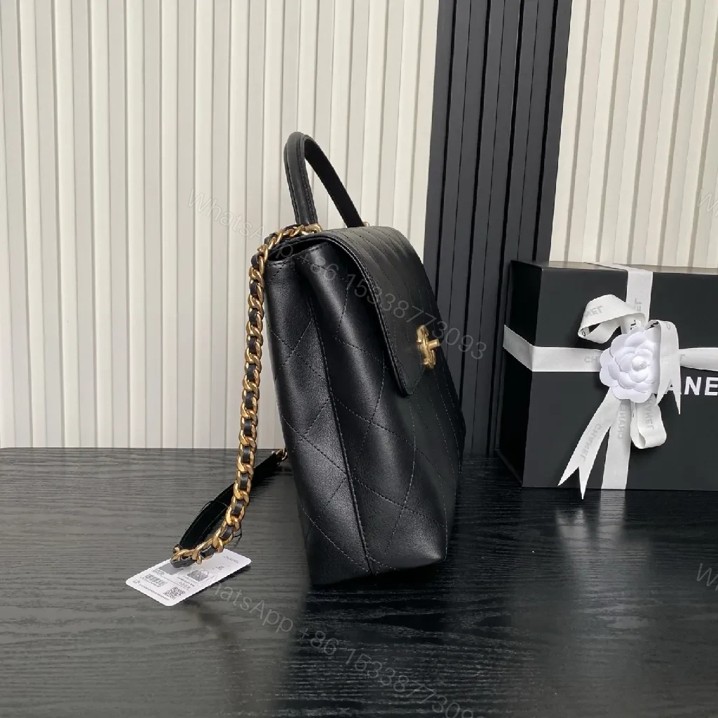 View 8 of Chic Black Quilted Flap Bag with Gold Logo