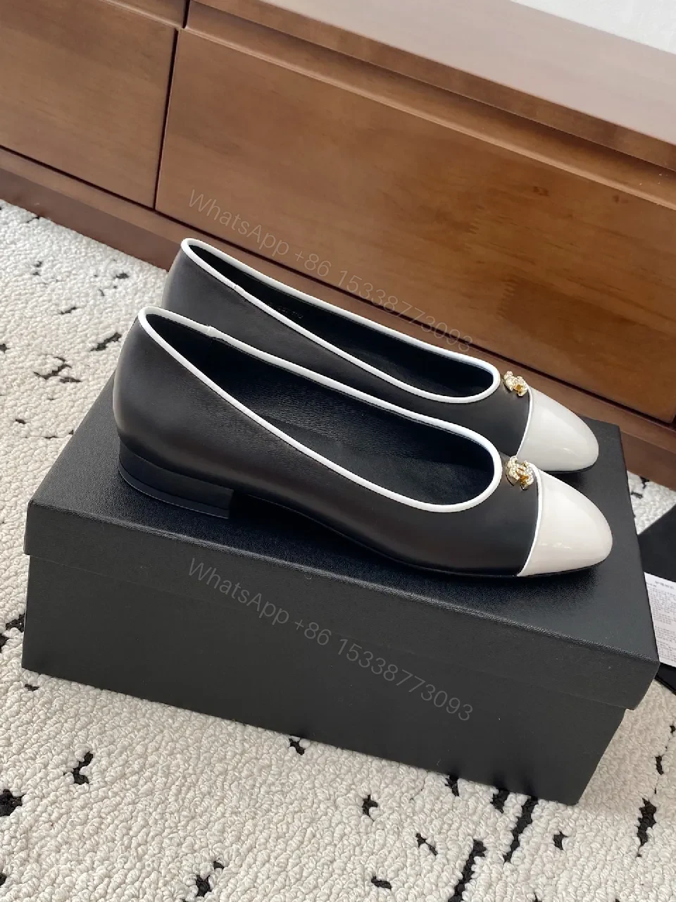 View 8 of Two-Tone Leather Slip-On Flats with White Cap Toe