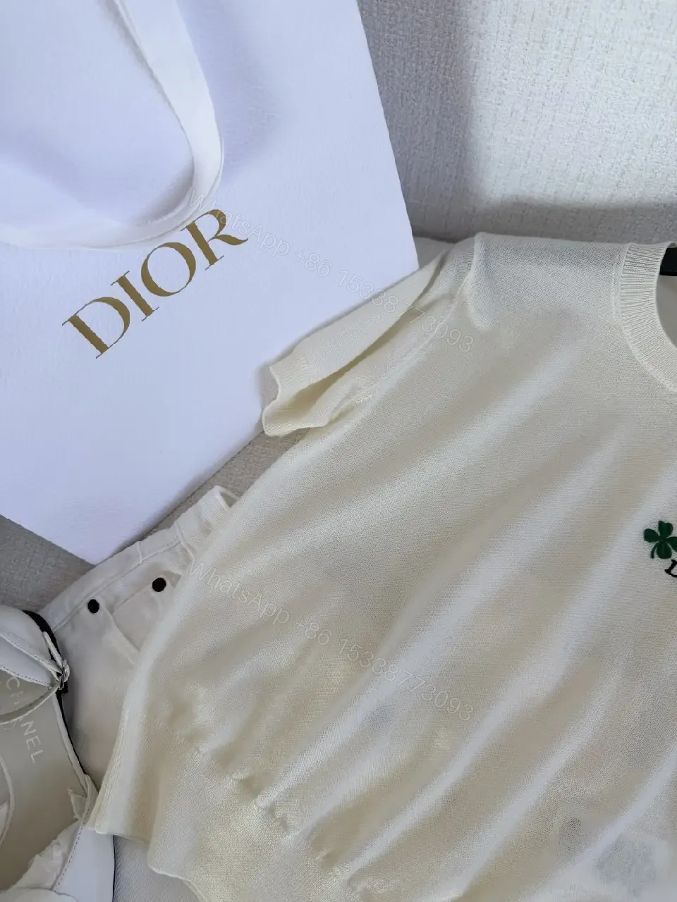 View 6 of Cream Knit Tee Emerald Clover Logo Luxury Comfort Top