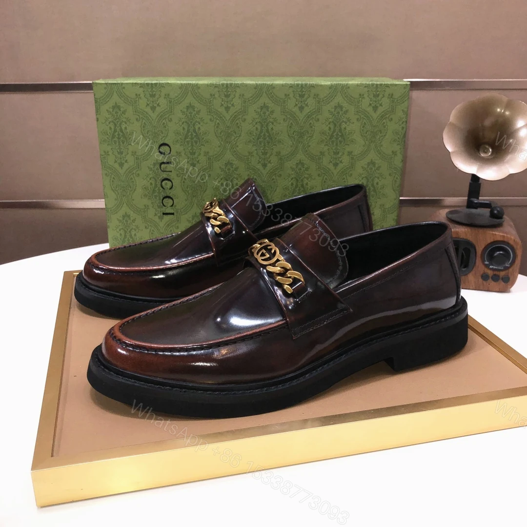 Gucci 高仿男士亮面樂福鞋 棕色鏈條設計 義式精品光澤感 — view 1