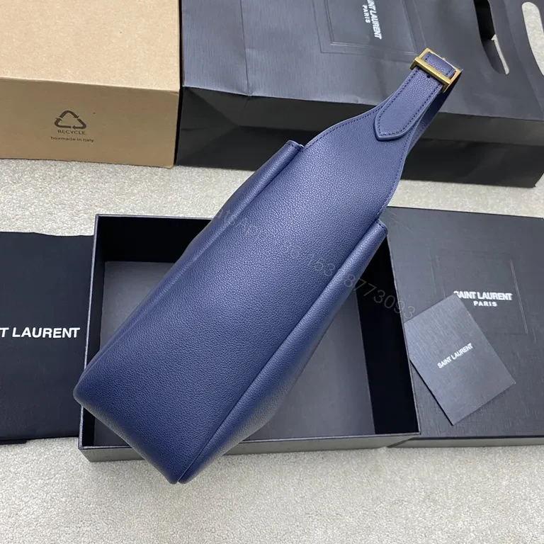View 2 of Navy Leather Shoulder Bag: Structured Luxe with Gold-YSL Hardware