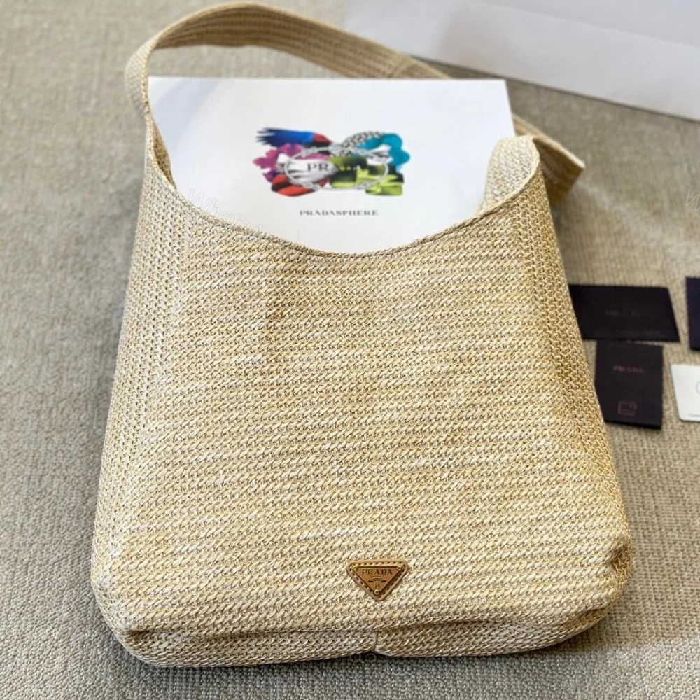 View 3 of Prada Logo Embossed Raffia Shoulder Bag Beige 33Cm 1BC186VOUO2A2T