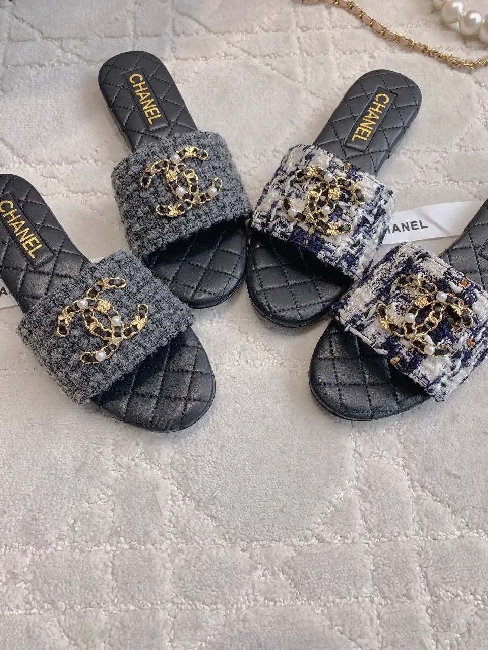 View 2 of Textured Tweed Slide Sandals with Interlock Detail