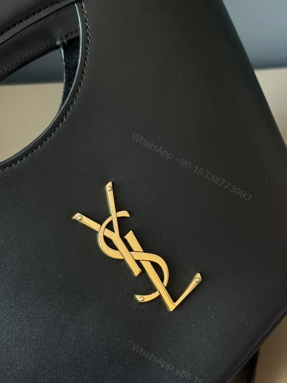 View 7 of Chic Black Leather Satchel: Gold YSL Monogram Bag