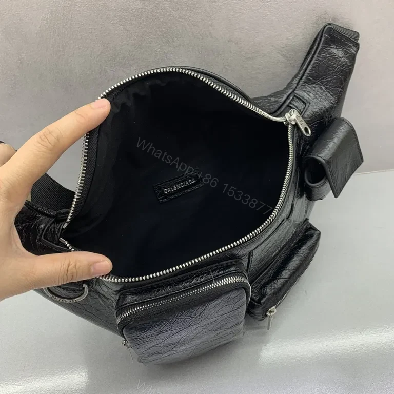 View 7 of Black Leather Belt Bag - City Luxe, Multi-Pocket, Crossbody Ready