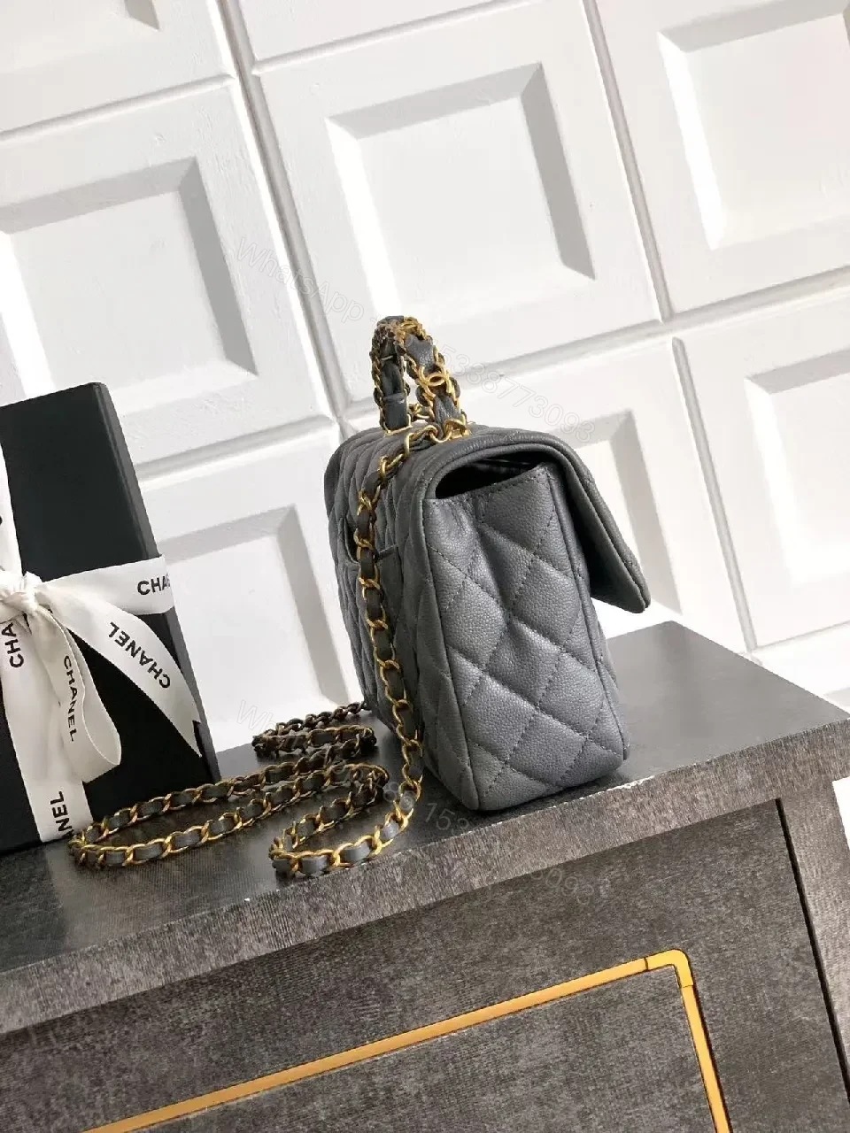 View 9 of Chic Quilted Crossbody: Grey Calfskin, Modern Luxe, Compact