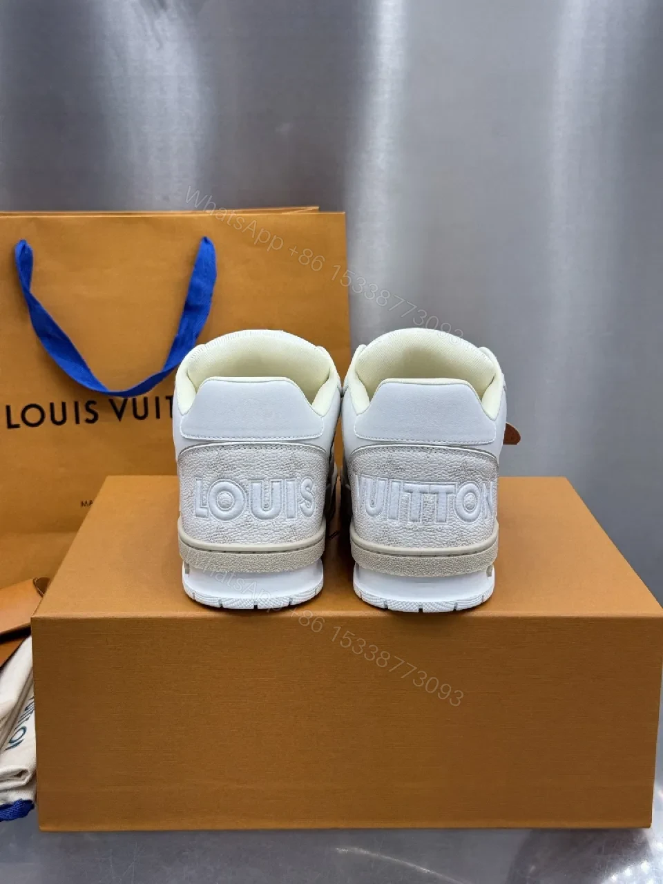 View 9 of White Leather-Texture High-Top Sneakers with Velcro