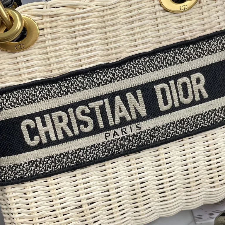 View 8 of Dior Structured Straw Handbag with Leather Trim & Logo Band