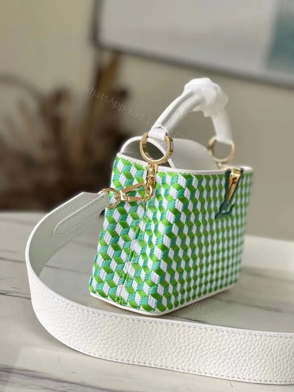 View 2 of Louis Vuitton LV Capucines Green And White Pattern Handbags 21cm