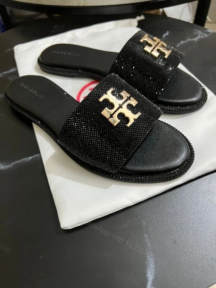 View 4 of FIRST COPY Tory Burch Everly Slide Sandals Light Black Gold Crystal