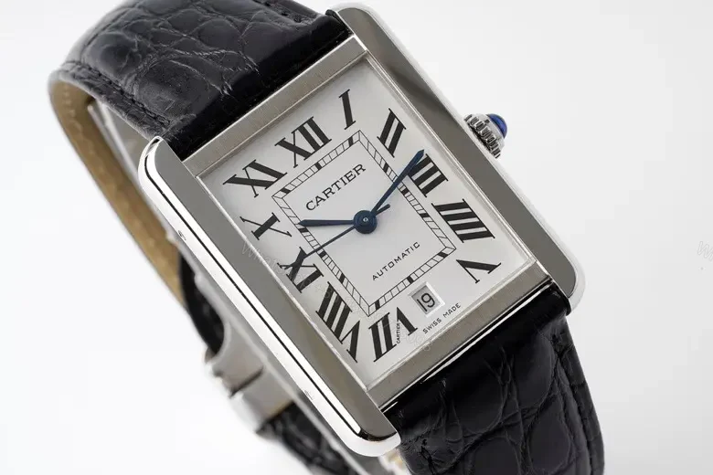 View 9 of V9 Factory Cartier Tank W5200028 Mechanical Watch – Silver Dial with Blue Hands, Black Leather Strap, Rectangular Style