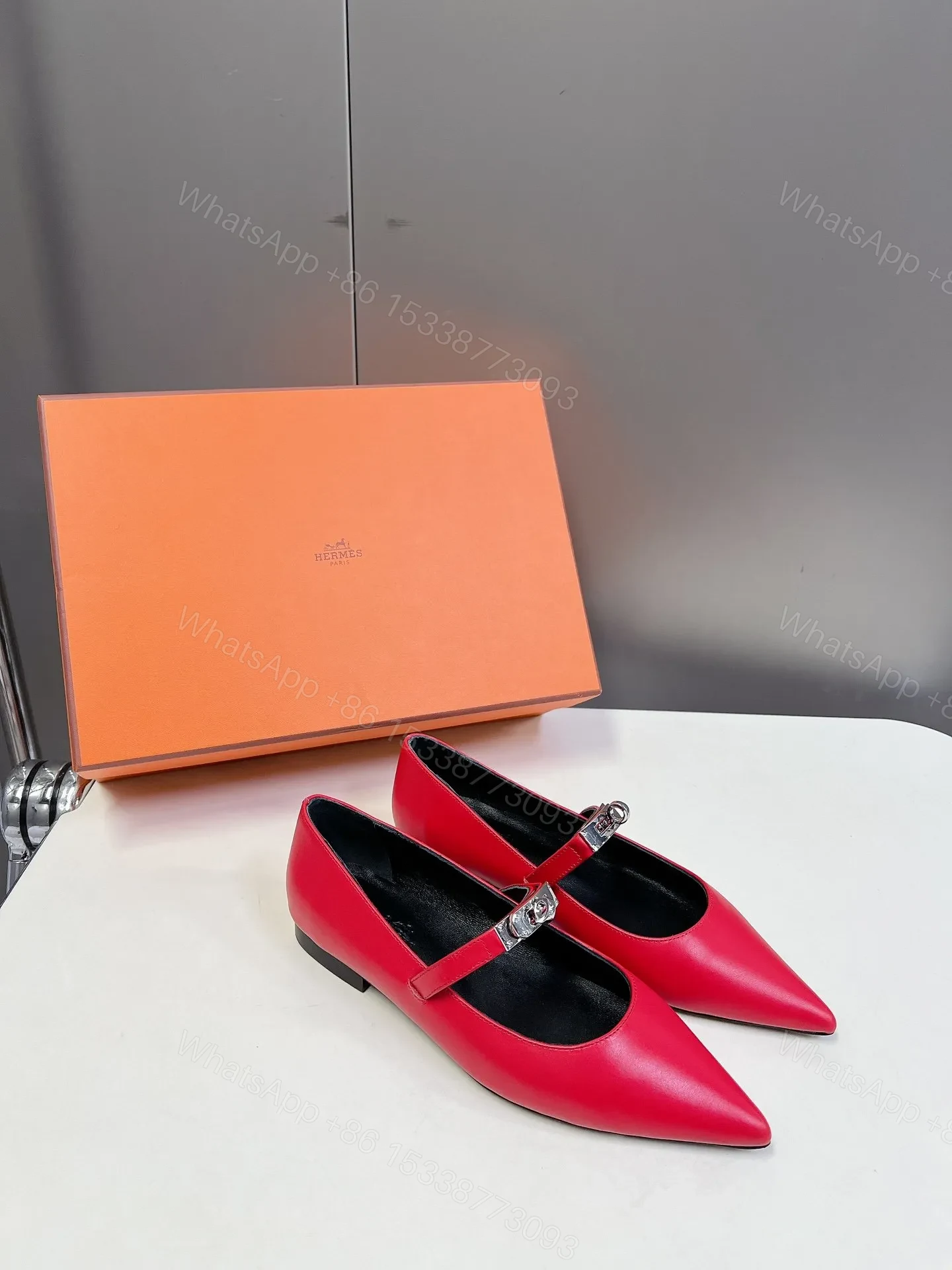 View 3 of Hermes Women Red Leather Pointed Toe Flats